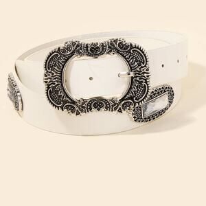 Embellished Western Buckle Vegan Leather Belt White
